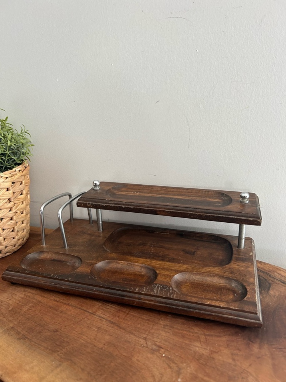 Vintage Wood Brown Dresser Valet, Desk Organizer, Watch, Coin Caddy
